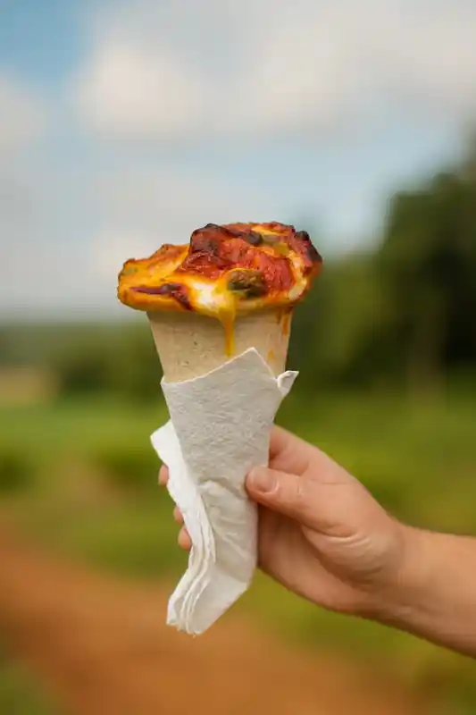 Pizza cones ready to serve at an event